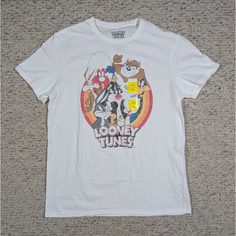 Looney Tunes T-Shirt Mens Large White Retro Cartoon Tee Bugs Taz Daffy Porky NWT
